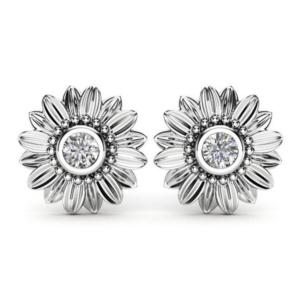 Sterling Silver Diamond Sunflower Stud Earrings